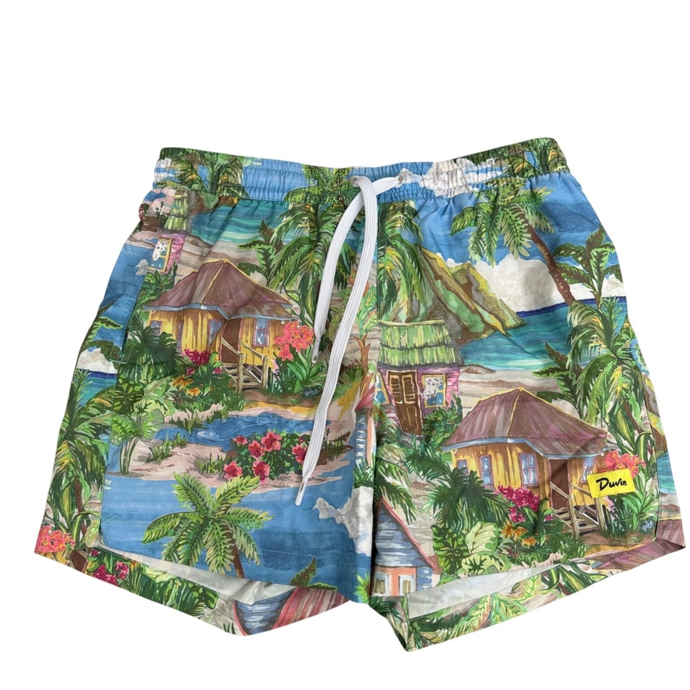 Duvin Shorts Mens Medium Blue Tropical Beach Surf Shack Print Swim Trunks